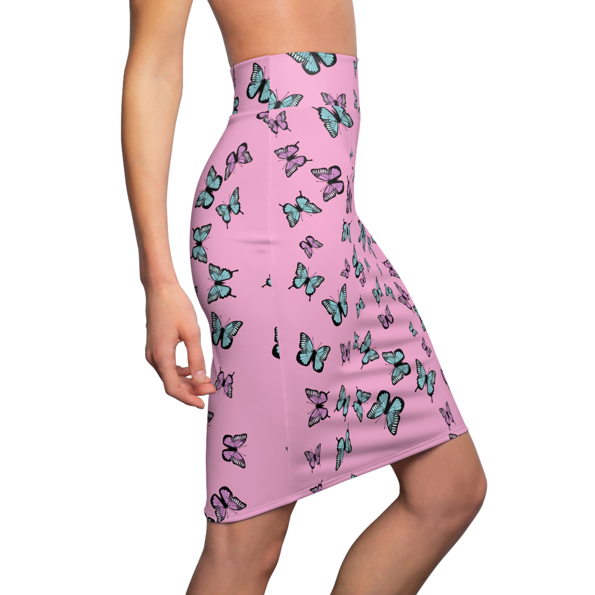 Butterfly Pattern Pink Women's Pencil Skirt, Floral Print Stretchy Knee Length Skirt, Fashionable Spring Summer Clothing, Cute Insect Theme