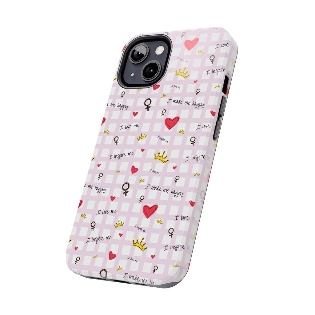 Cozy Hearts & Crowns Phone Case, Heart Design Protective Phone Cover, Crown Pattern Tough Case, Girly Phone Accessories, Valentine's Day
