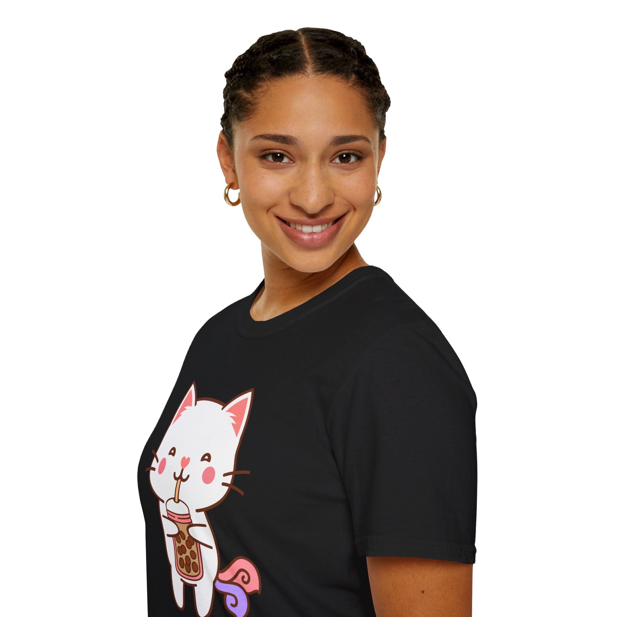 Cat Boba Tea Bubble Tea Anime Kawaii Neko Softstyle T-Shirt, Cute Japanese Kitty Drink Tee, Fun Cartoon Cat Lover Shirt, Trendy