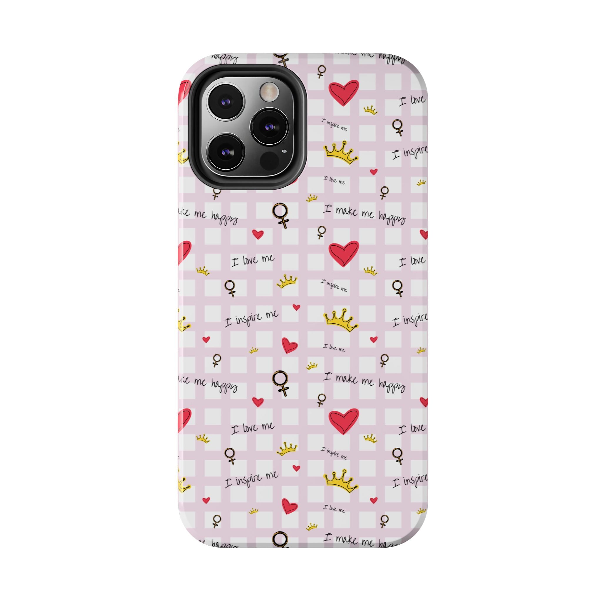 Cozy Hearts & Crowns Phone Case, Heart Design Protective Phone Cover, Crown Pattern Tough Case, Girly Phone Accessories, Valentine's Day