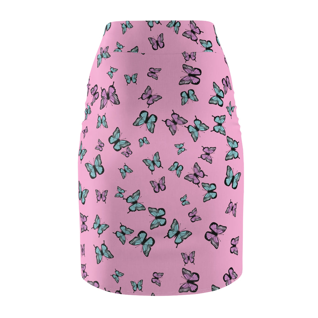 Butterfly Pattern Pink Women's Pencil Skirt, Floral Print Stretchy Knee Length Skirt, Fashionable Spring Summer Clothing, Cute Insect Theme