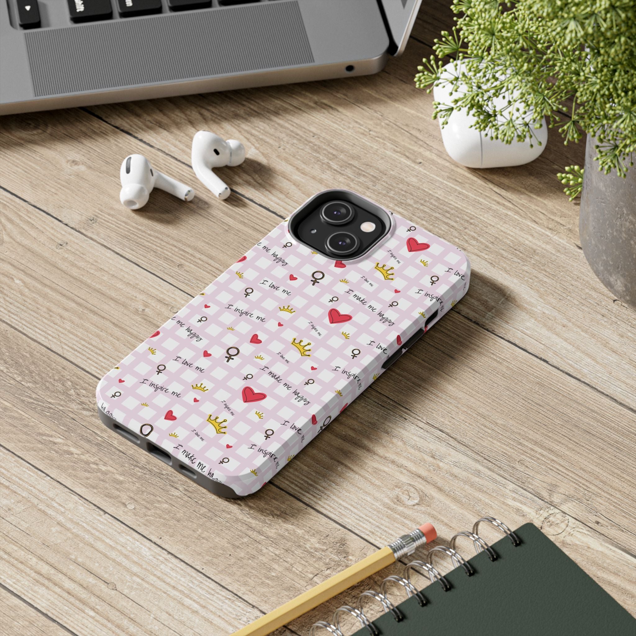 Cozy Hearts & Crowns Phone Case, Heart Design Protective Phone Cover, Crown Pattern Tough Case, Girly Phone Accessories, Valentine's Day