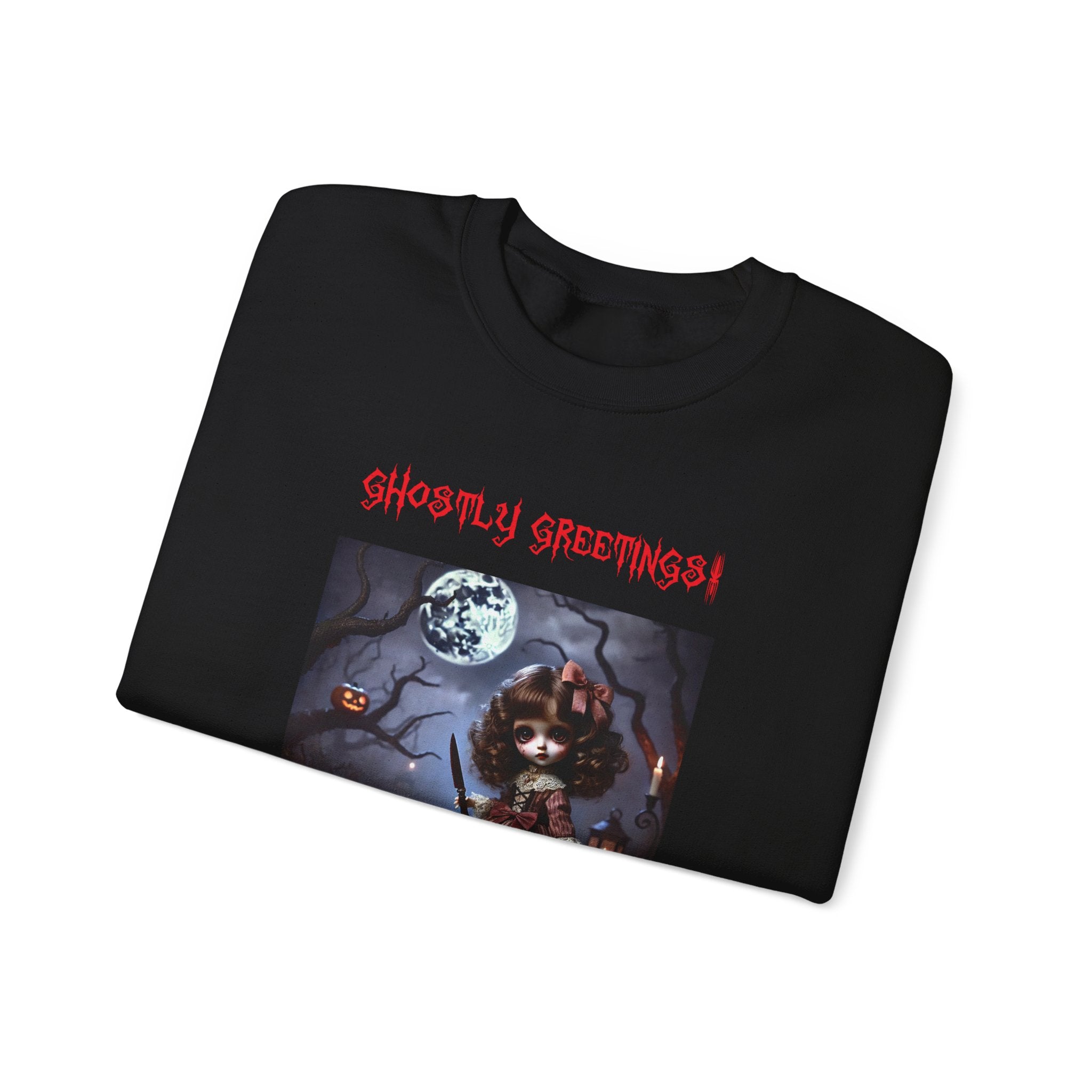 Halloween Doll With a Mix of Scary and Sweet Unisex Heavy Blend™ Crewneck Sweatshirt