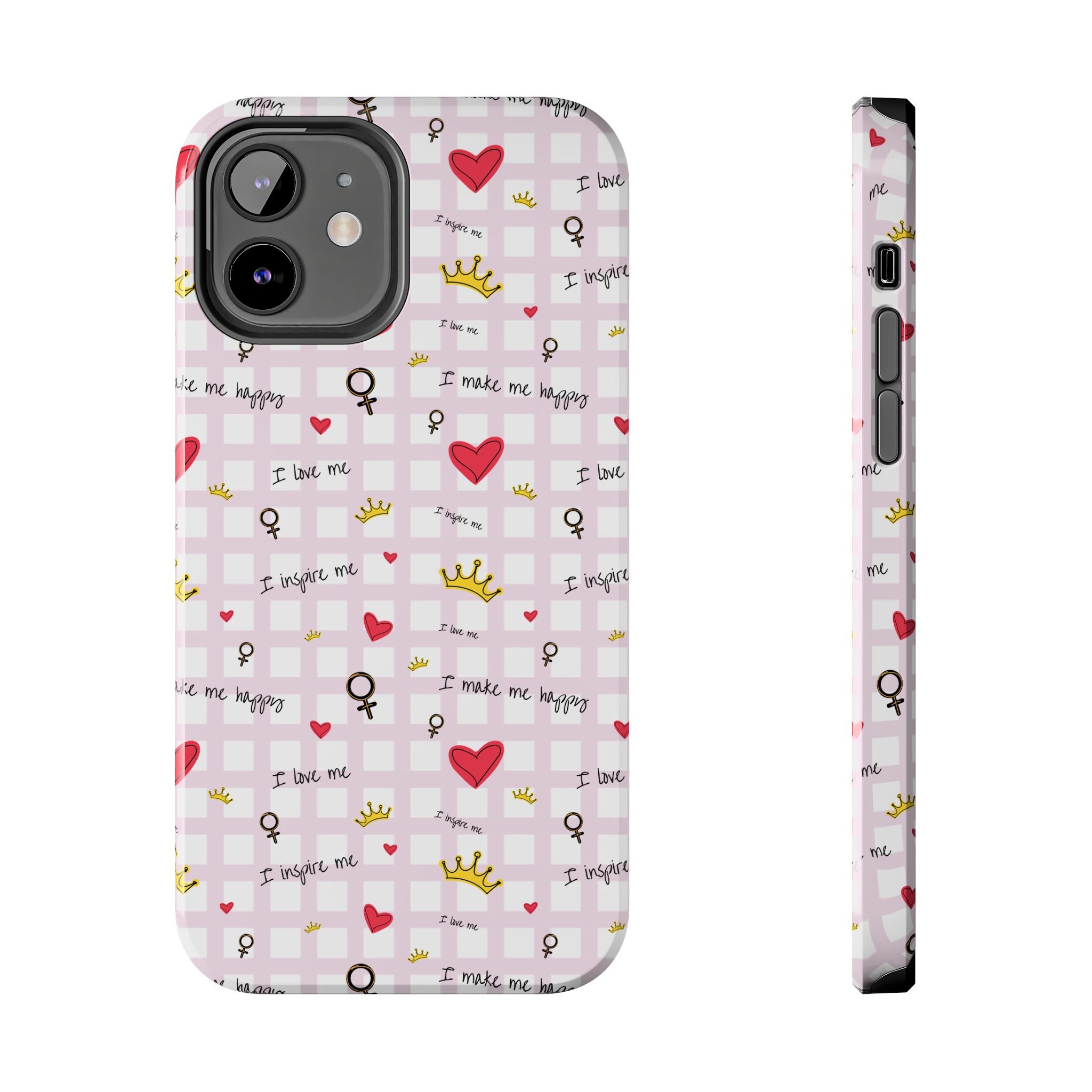 Cozy Hearts & Crowns Phone Case, Heart Design Protective Phone Cover, Crown Pattern Tough Case, Girly Phone Accessories, Valentine's Day