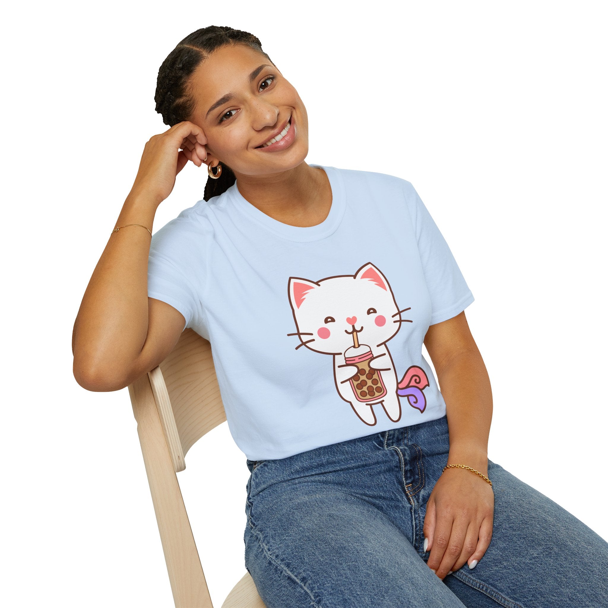 Cat Boba Tea Bubble Tea Anime Kawaii Neko Softstyle T-Shirt, Cute Japanese Kitty Drink Tee, Fun Cartoon Cat Lover Shirt, Trendy