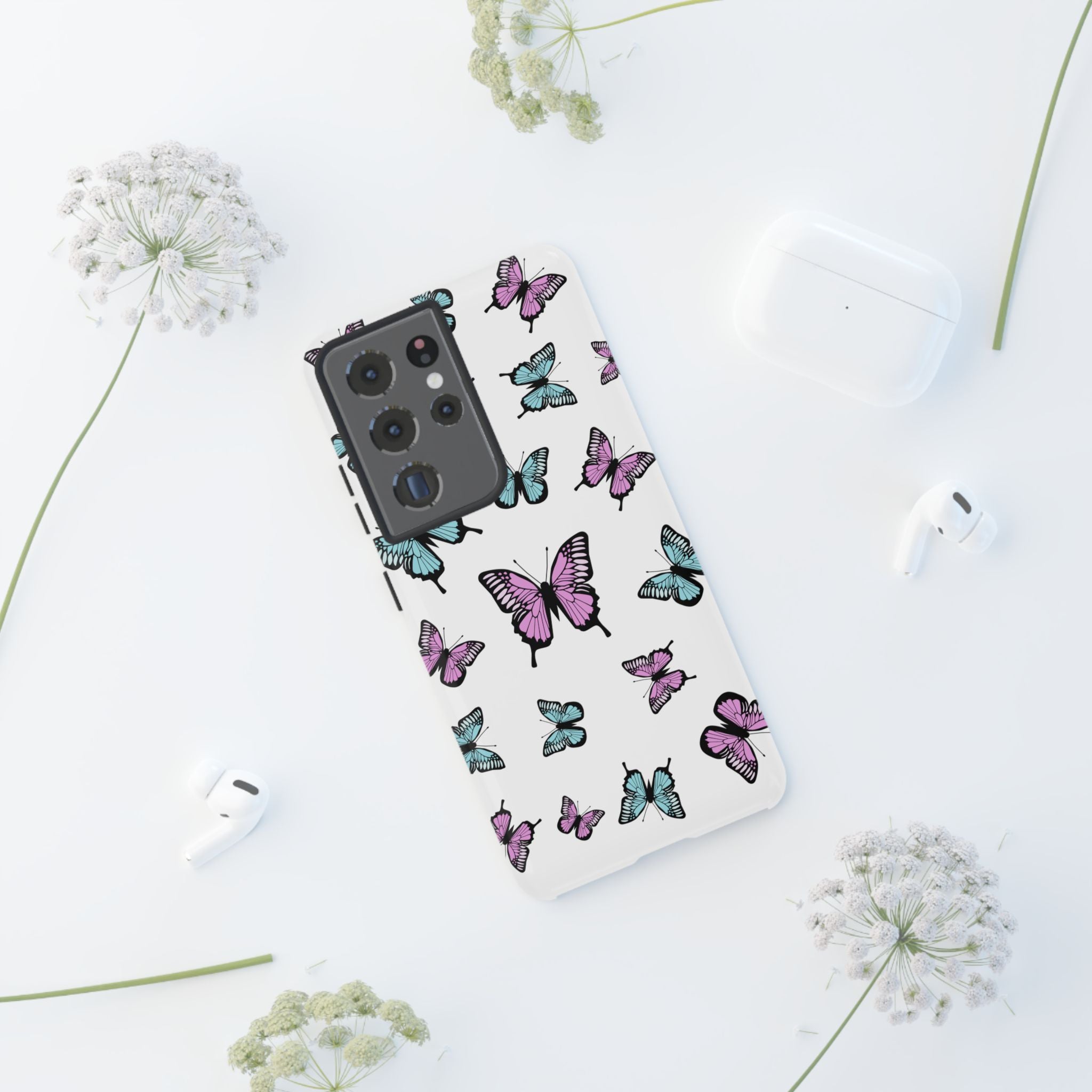 Butterfly Pattern White Background Phone Cases, Protective Cover, Strong Cases, Impact Resistant, Floral Design, Unique Gifts