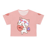 Kawaii Cat with Heart Crop Tee, Cute Kitty Graphic Tee, Pet Lover Gift Top, Short Sleeve Shirt, Animal Print Clothing, Women's Casual Wear