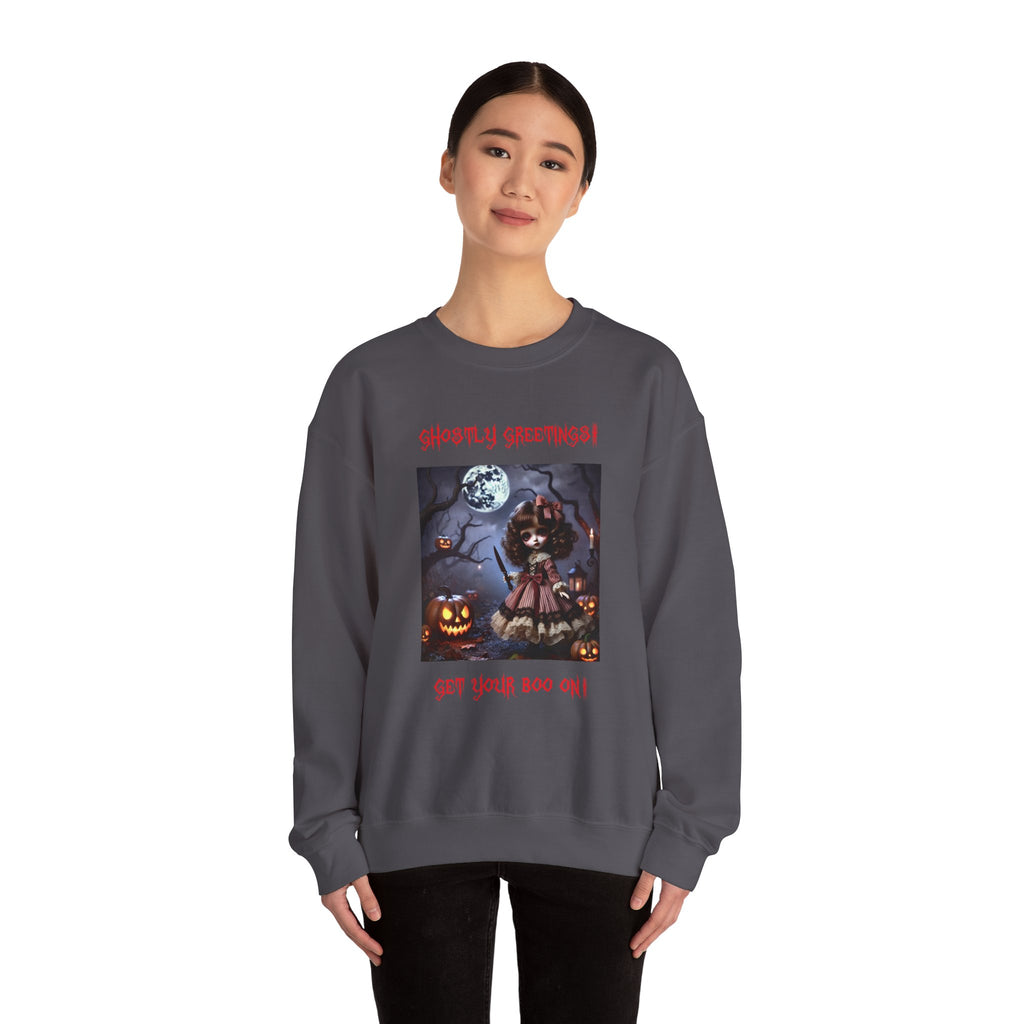 Halloween Doll With a Mix of Scary and Sweet Unisex Heavy Blend™ Crewneck Sweatshirt