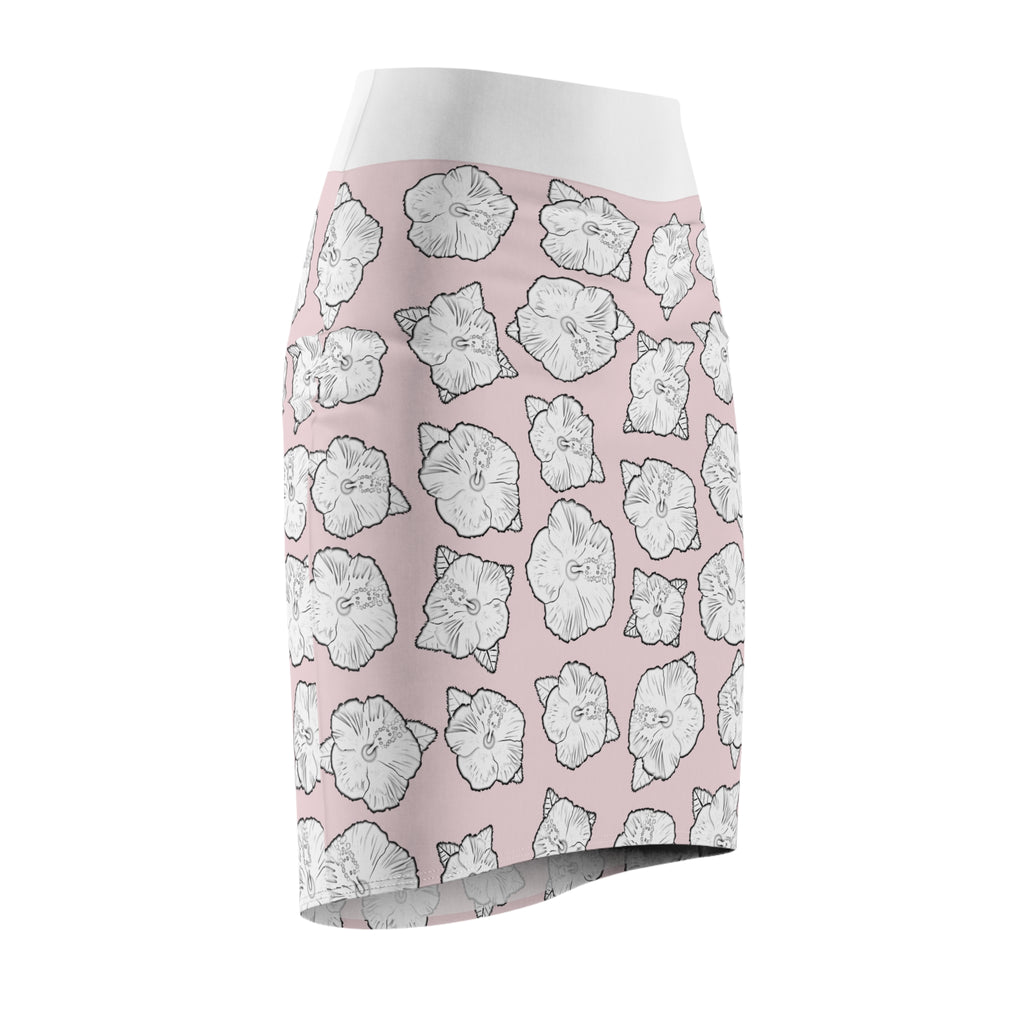 Poppy Pattern Pink Women's Pencil Skirt - Floral Print High Waisted Midi Skirt, Fashionable Spring Outfit, Cute Patterned Knee Length