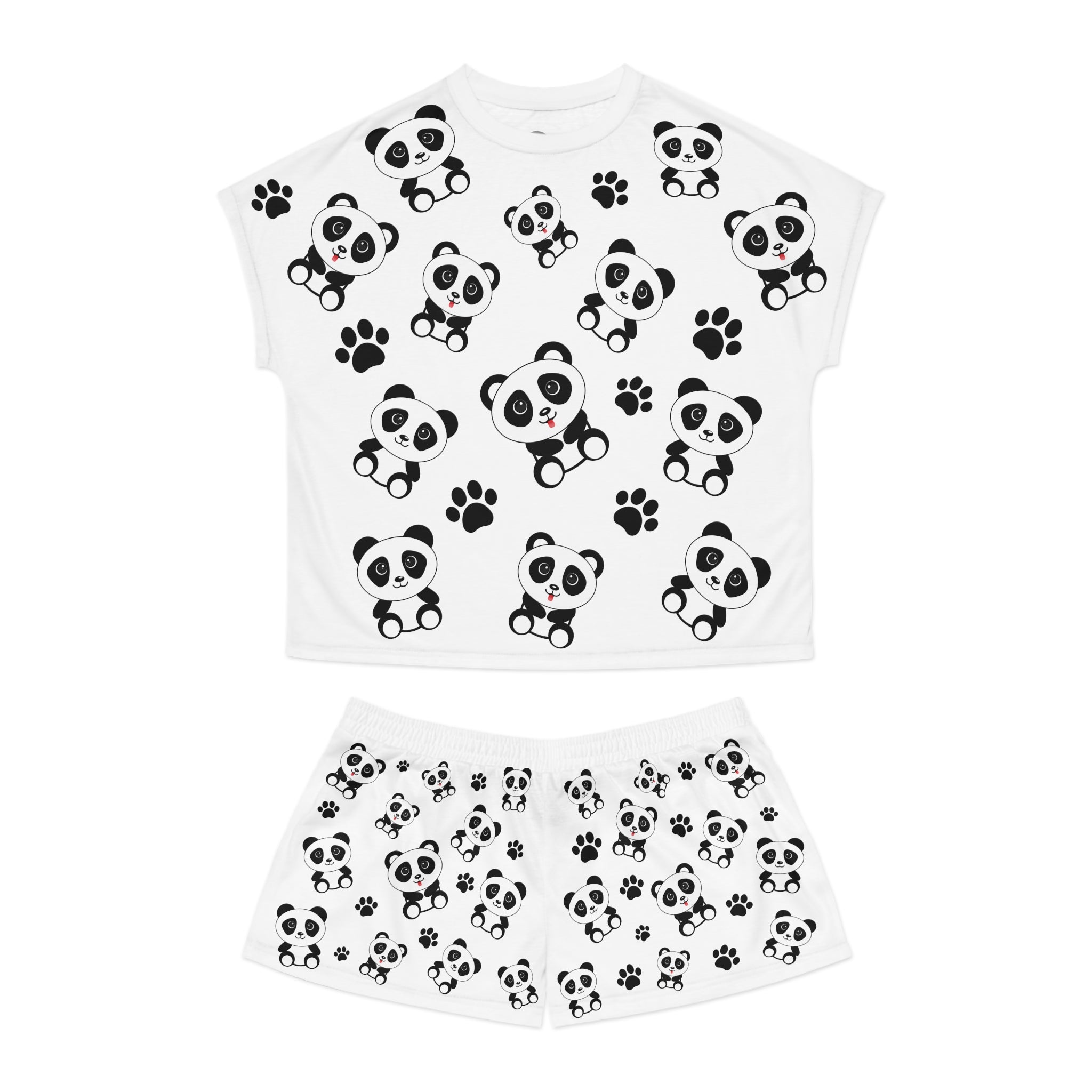 Cute Panda Pajama Set, Women's PJ Set with Kawaii Pandas, Panda Footprints, Matching Sleepwear, Loungewear, Gift for Her