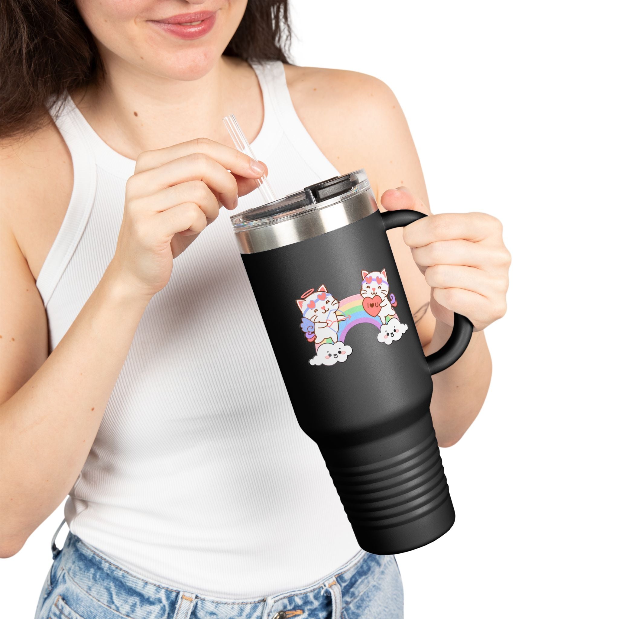 Cupido Cat Rainbow Heart Love Insulated Travel Mug, 40oz - Cute Kitty Space Cup, Valentine's Gift, Coffee Tea Tumbler, Cat Lover Present