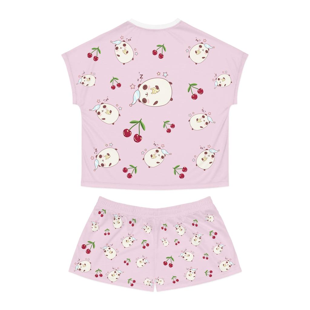 Kawaii Sleeping Bears with Cherries Pink Women's Short Pajama Set