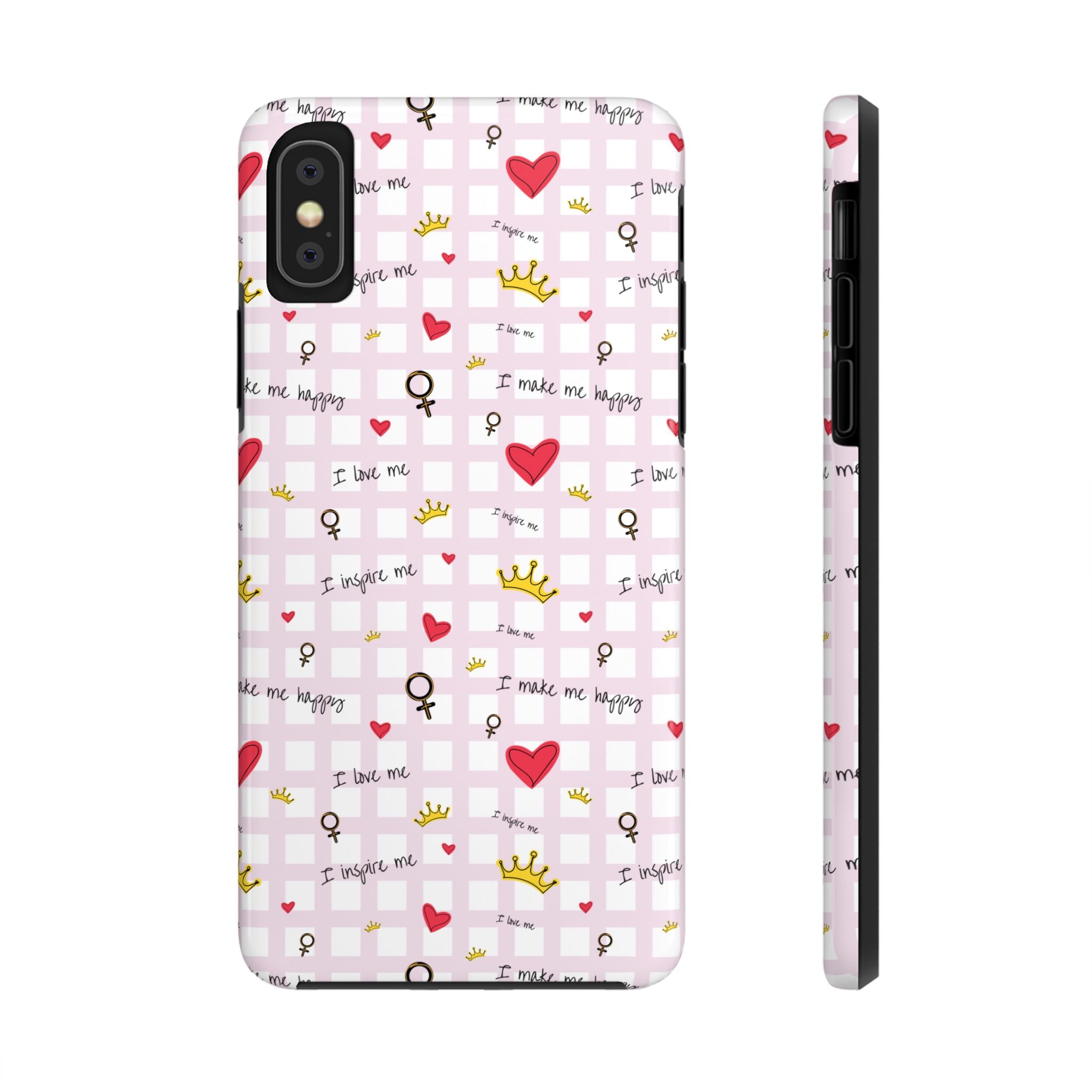 Cozy Hearts & Crowns Phone Case, Heart Design Protective Phone Cover, Crown Pattern Tough Case, Girly Phone Accessories, Valentine's Day