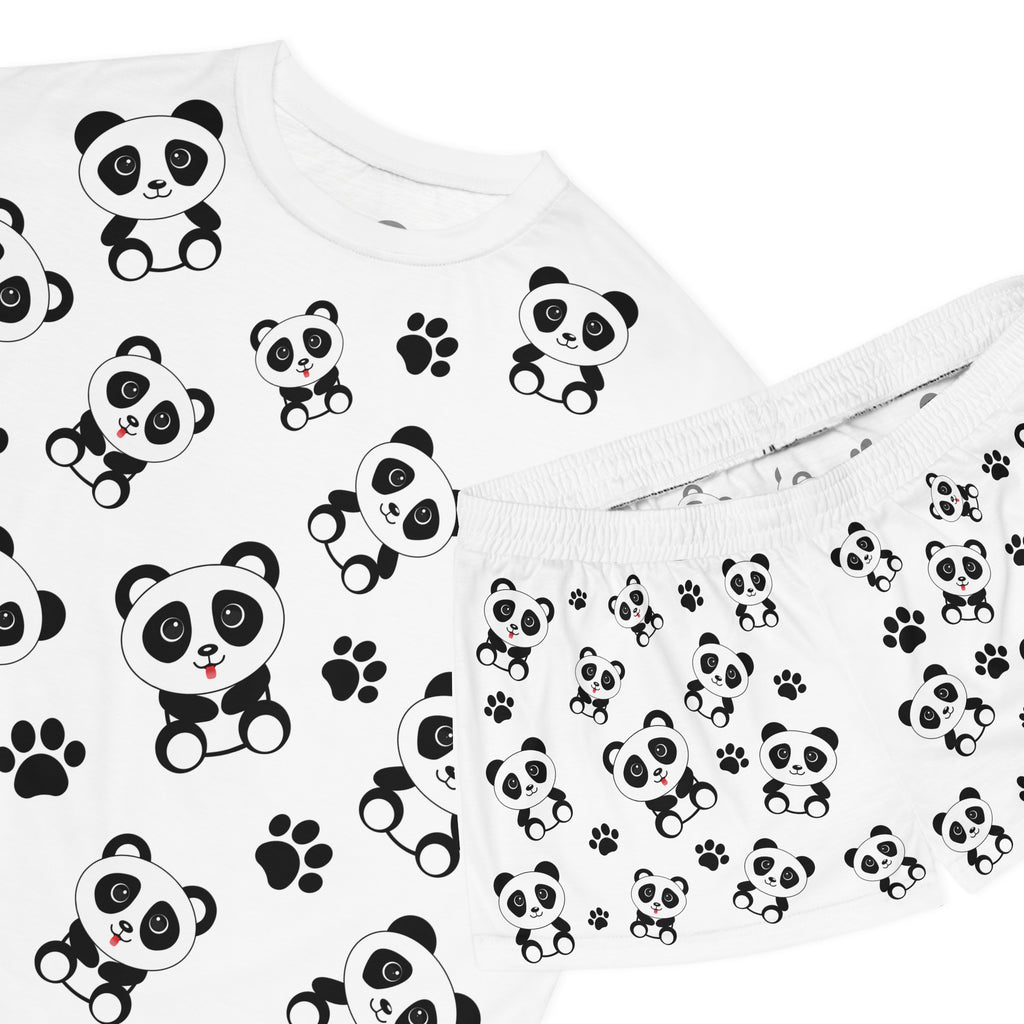 Cute Panda Pajama Set, Women's PJ Set with Kawaii Pandas, Panda Footprints, Matching Sleepwear, Loungewear, Gift for Her