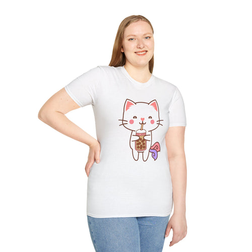 Cat Boba Tea Bubble Tea Anime Kawaii Neko Softstyle T-Shirt, Cute Japanese Kitty Drink Tee, Fun Cartoon Cat Lover Shirt, Trendy