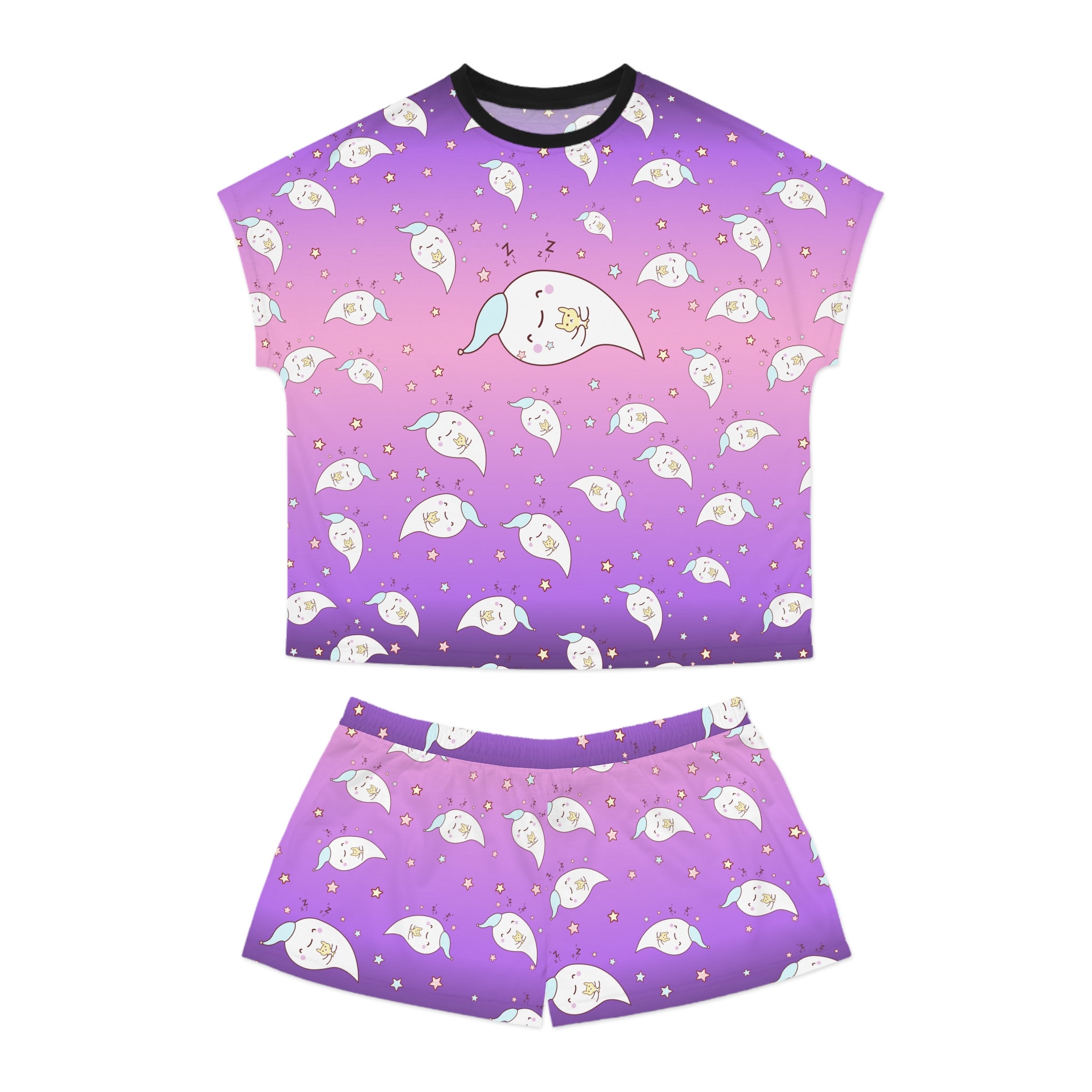 Ghost Print Women's Pajama Set - Short Sleeve Sleepwear for Her - Cute Pajamas