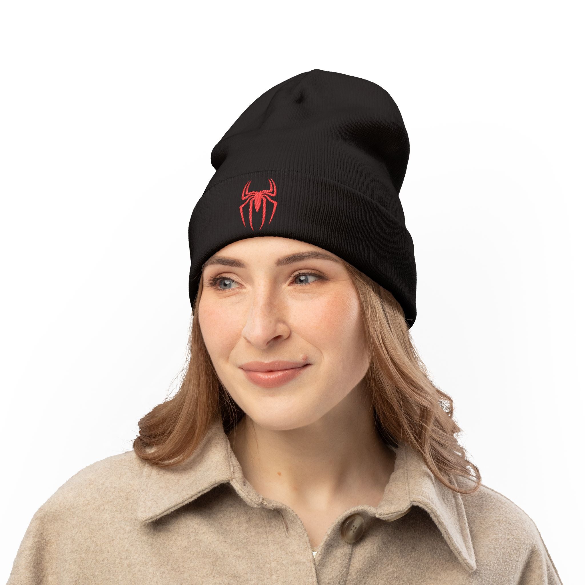Embroidered Black Spider Knit Beanie — Halloween Spider Hat