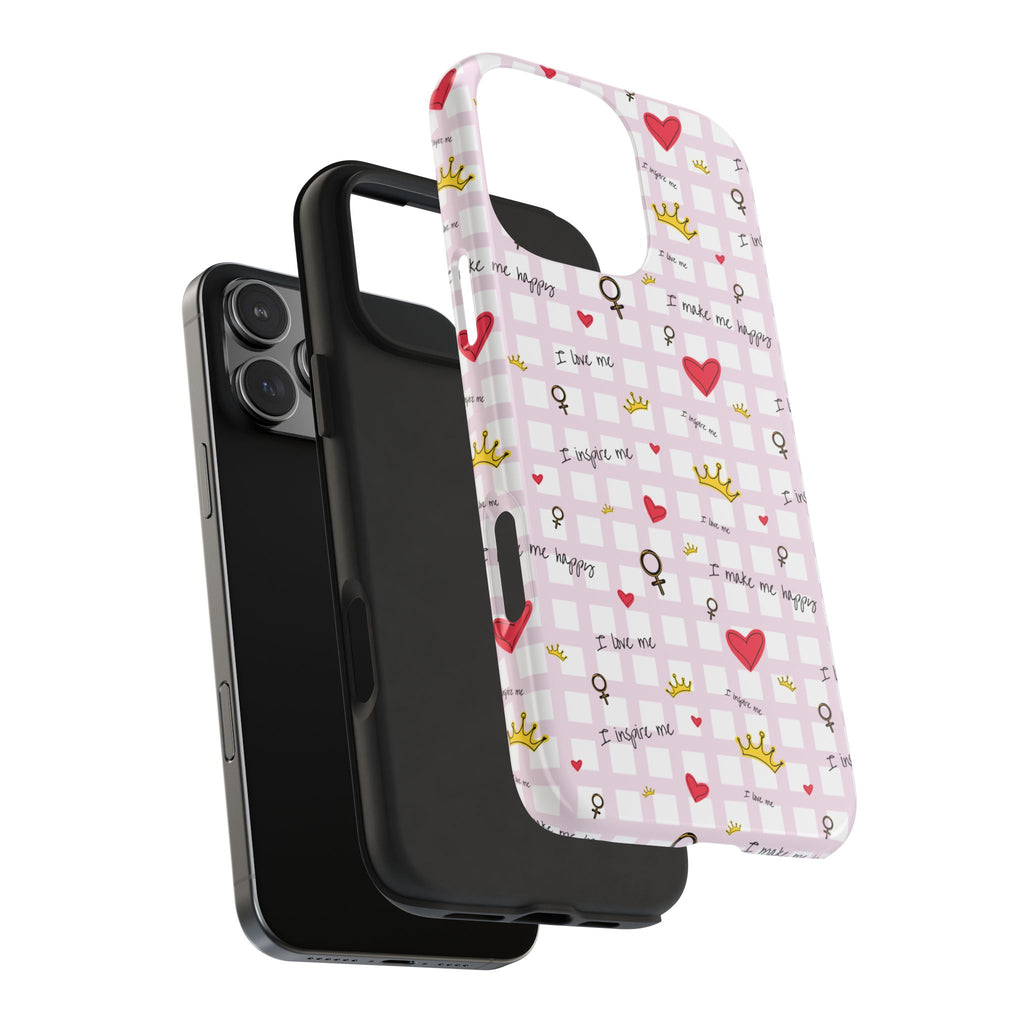 Cozy Hearts & Crowns Phone Case, Heart Design Protective Phone Cover, Crown Pattern Tough Case, Girly Phone Accessories, Valentine's Day