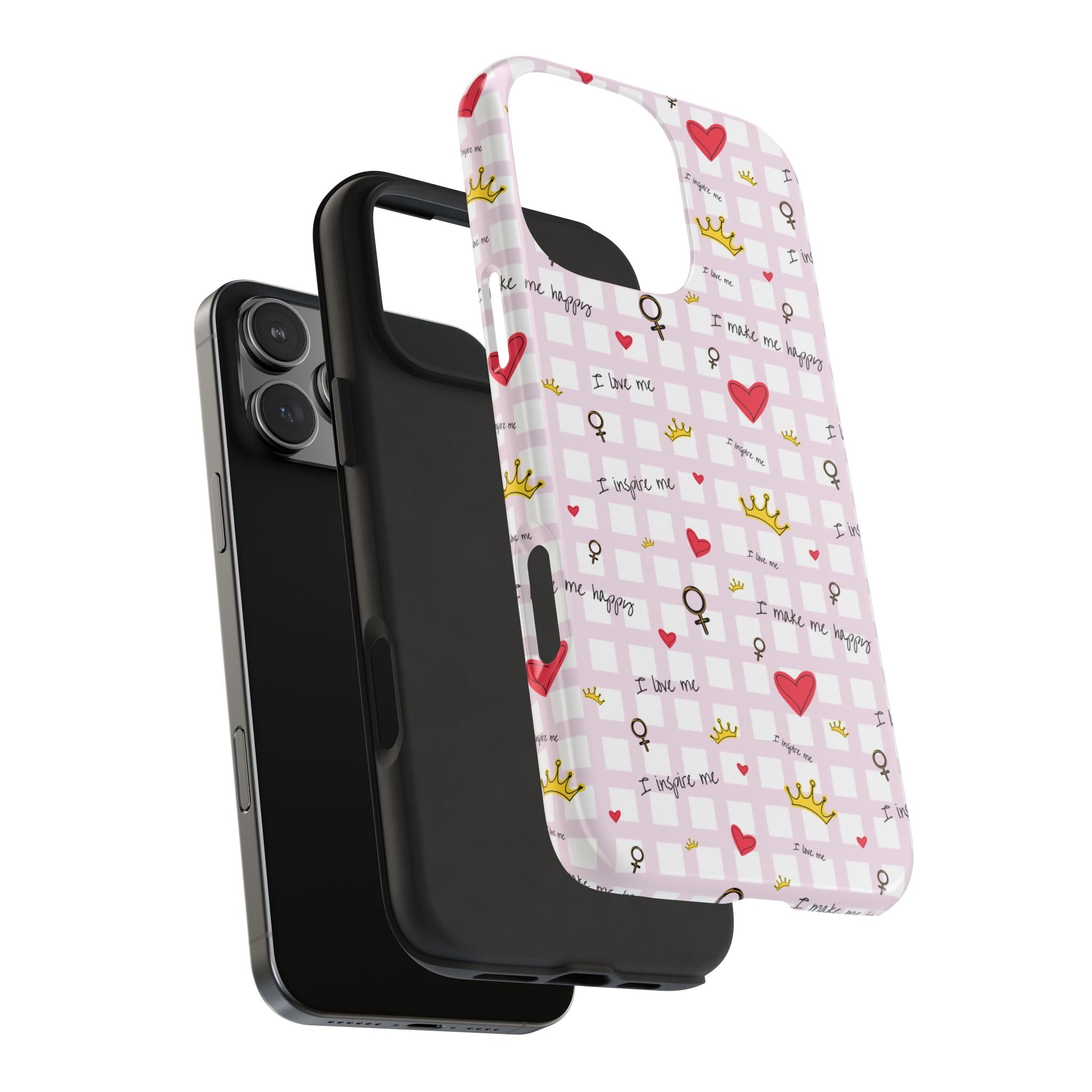 Cozy Hearts & Crowns Phone Case, Heart Design Protective Phone Cover, Crown Pattern Tough Case, Girly Phone Accessories, Valentine's Day