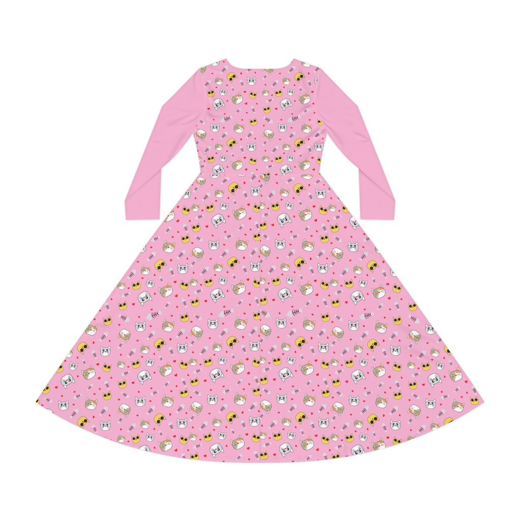 Cool Cats Pattern Pink Women's Long Sleeve Dress
