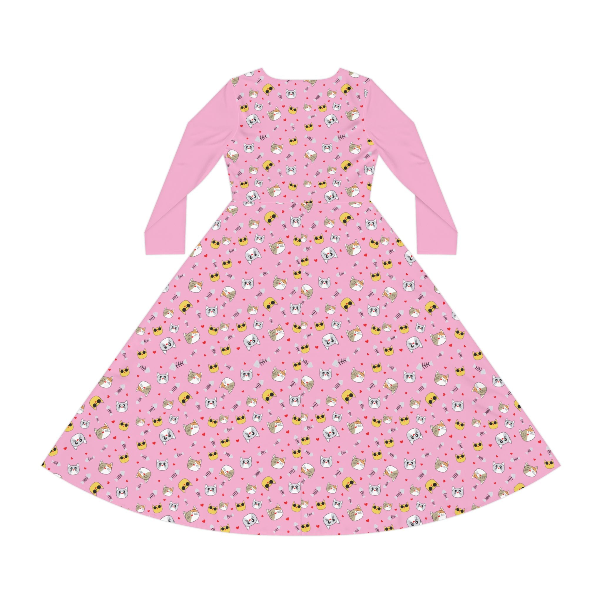 Cool Cats Pattern Pink Women's Long Sleeve Dress