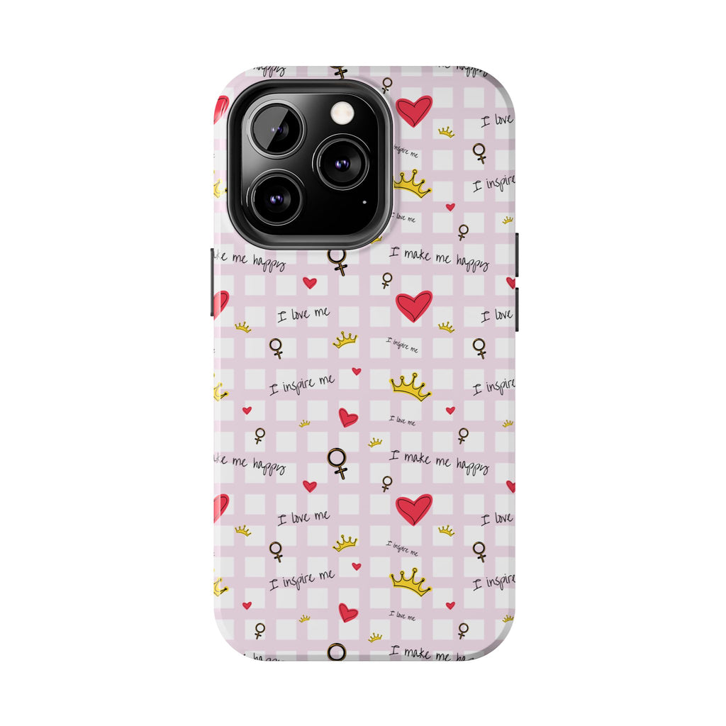 Cozy Hearts & Crowns Phone Case, Heart Design Protective Phone Cover, Crown Pattern Tough Case, Girly Phone Accessories, Valentine's Day
