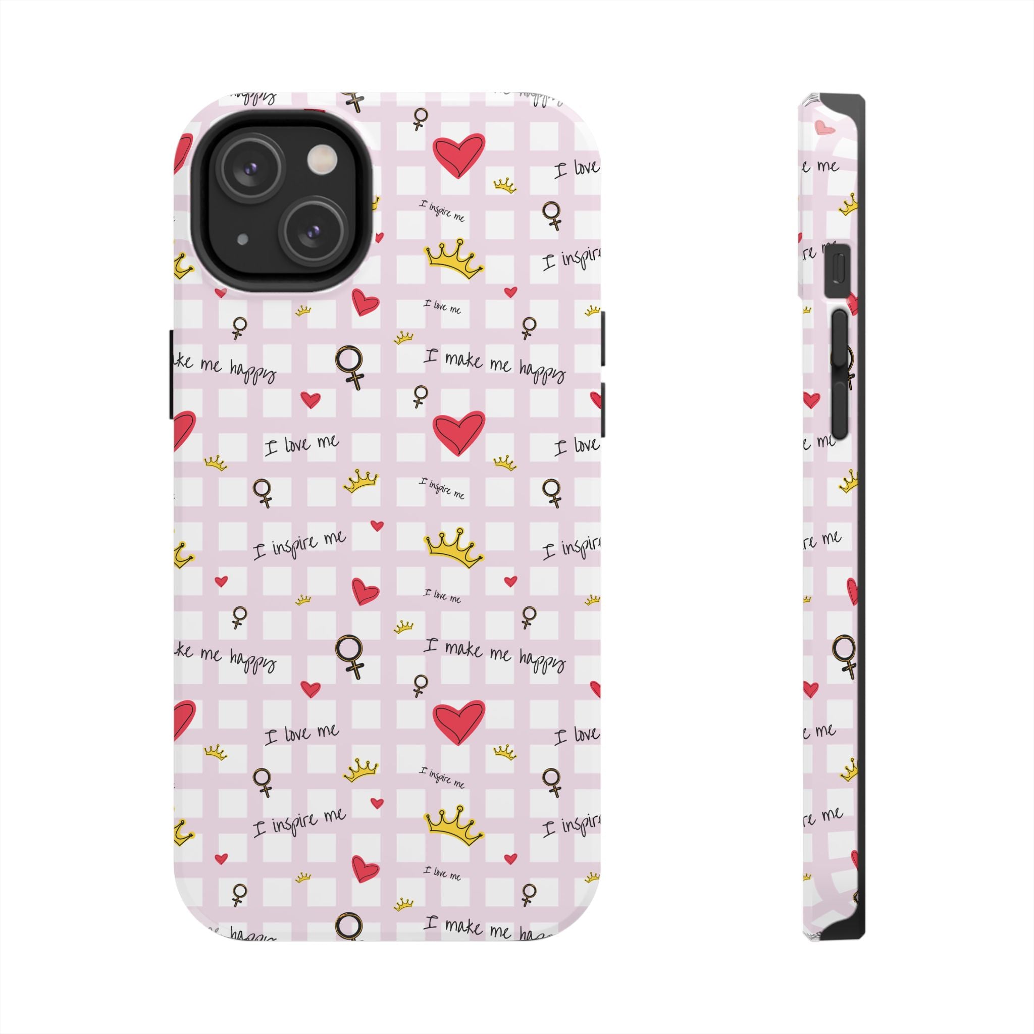 Cozy Hearts & Crowns Phone Case, Heart Design Protective Phone Cover, Crown Pattern Tough Case, Girly Phone Accessories, Valentine's Day