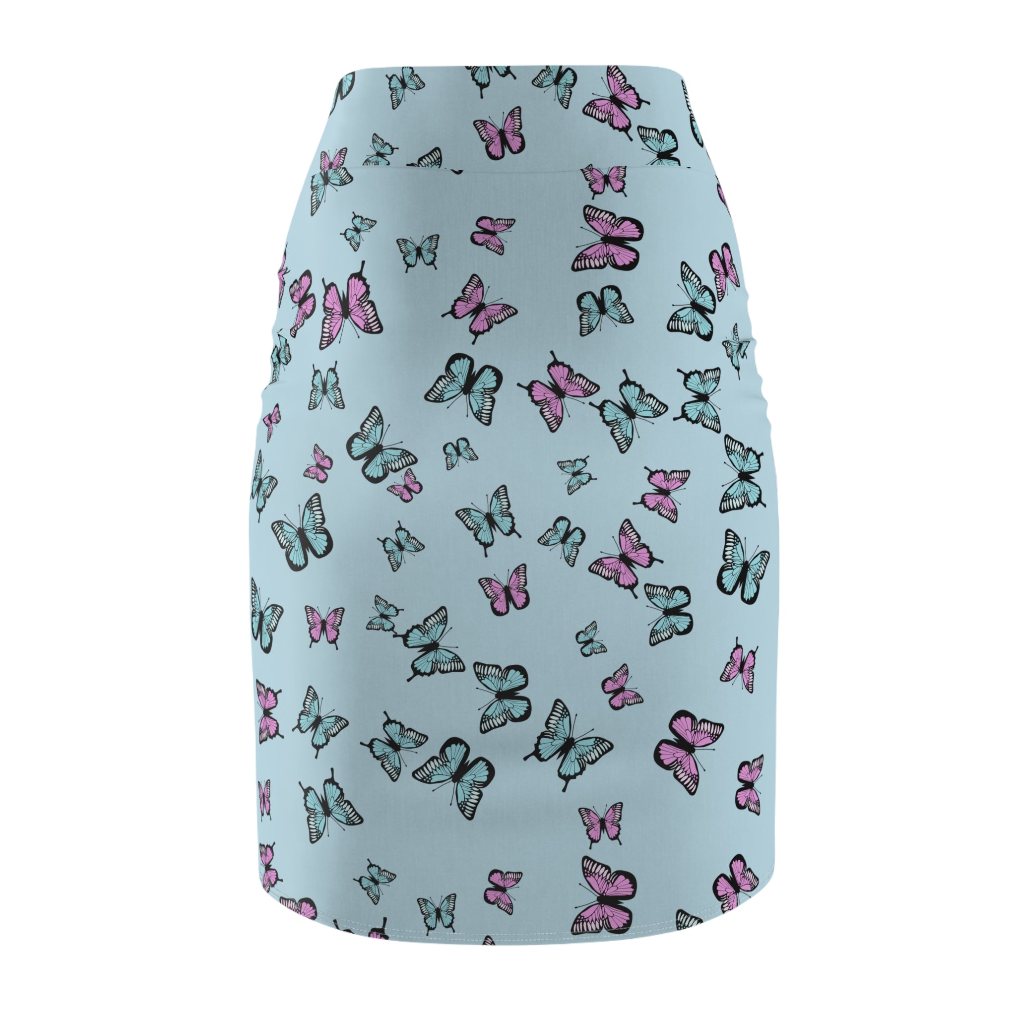 Butterfly Pattern Blue Women's Pencil Skirt - Floral Print Stretchy Midi Skirt, Summer Fashion Apparel, Cute Insect Theme Clothes, Elegant