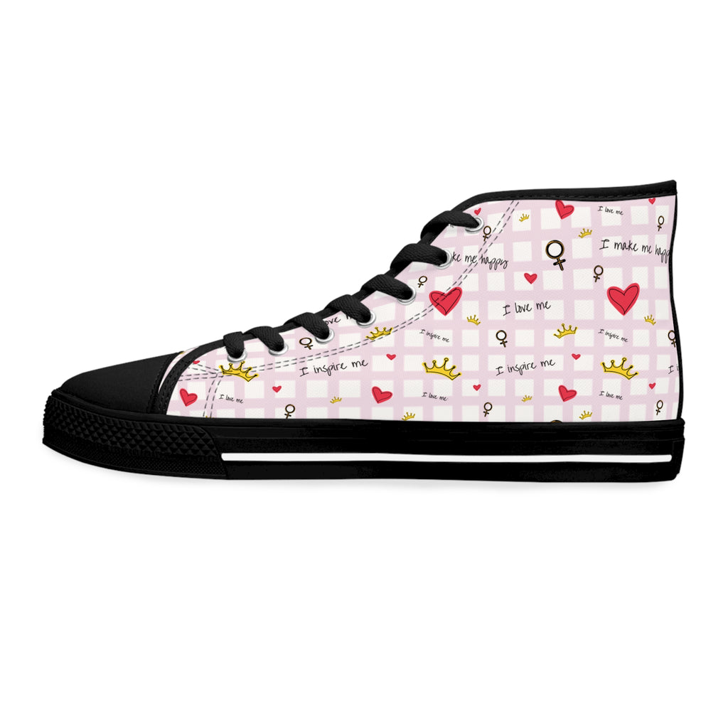Cozy Hearts & Crowns High Top Sneakers for Women - Cute Heart Patterned Sneaker Shoes, Comfy Crown Design, Best Gift for Her, Trendy Casual