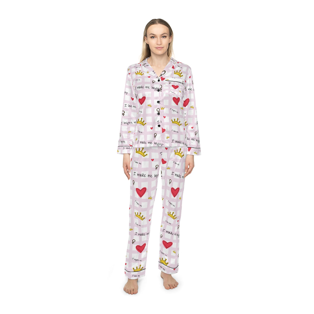 Cozy Hearts & Crowns Satin Pajamas - Women's Sleepwear Set, Cute Printed PJ's, Gift for Her, Lounge Wear, Nightwear