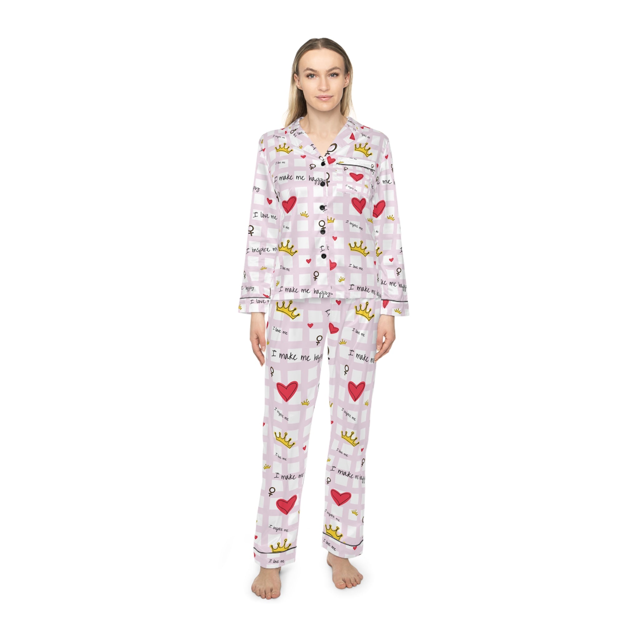 Cozy Hearts & Crowns Satin Pajamas - Women's Sleepwear Set, Cute Printed PJ's, Gift for Her, Lounge Wear, Nightwear