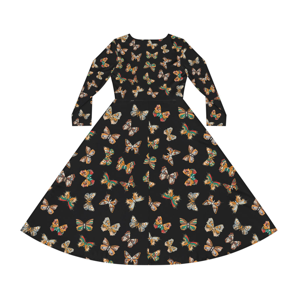 Butterflies Pattern Dance Dress, Black Women's Long Sleeve Ballroom Dancing Gown, Evening Dance Costume, Elegant Butterfly Print Dress