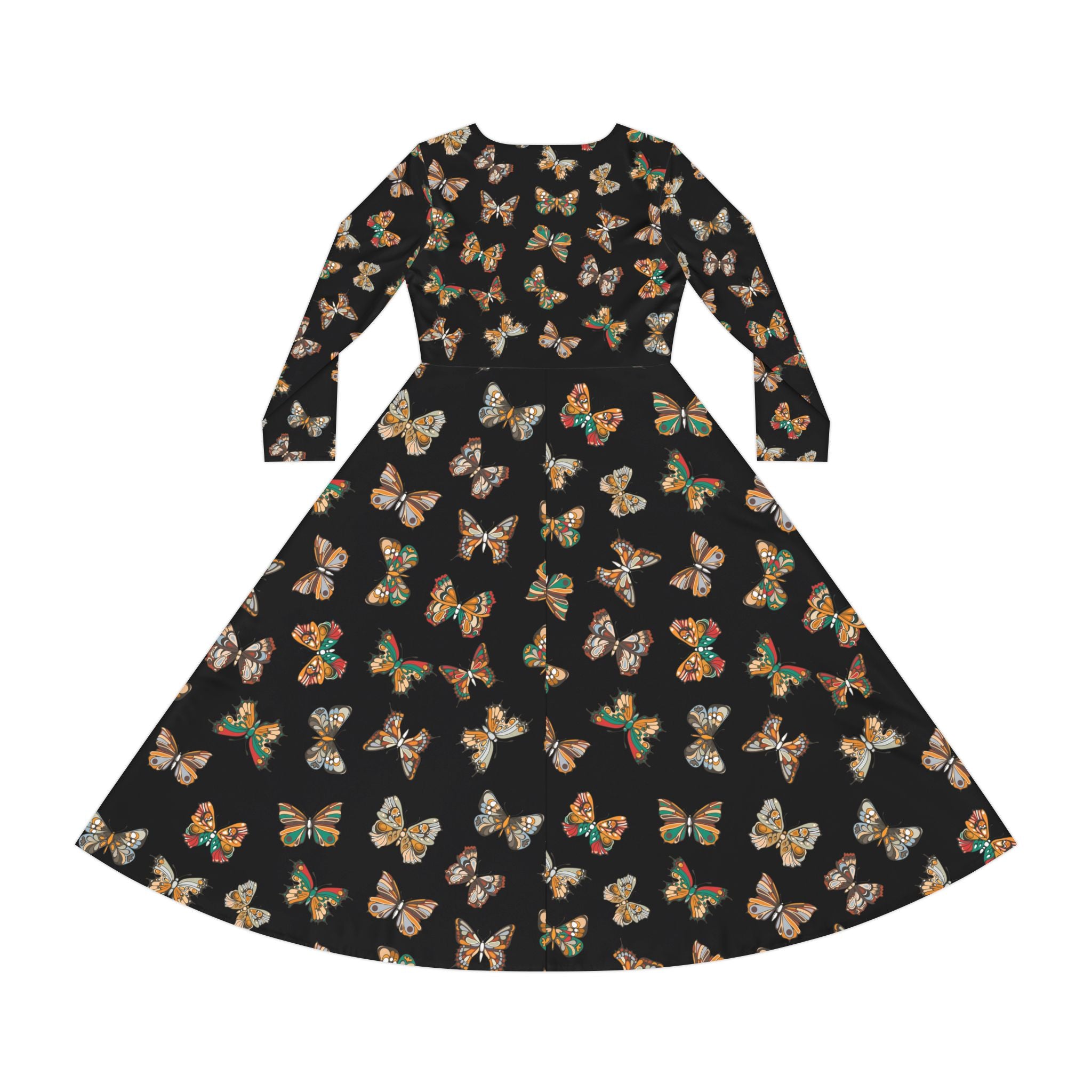 Butterflies Pattern Dance Dress, Black Women's Long Sleeve Ballroom Dancing Gown, Evening Dance Costume, Elegant Butterfly Print Dress