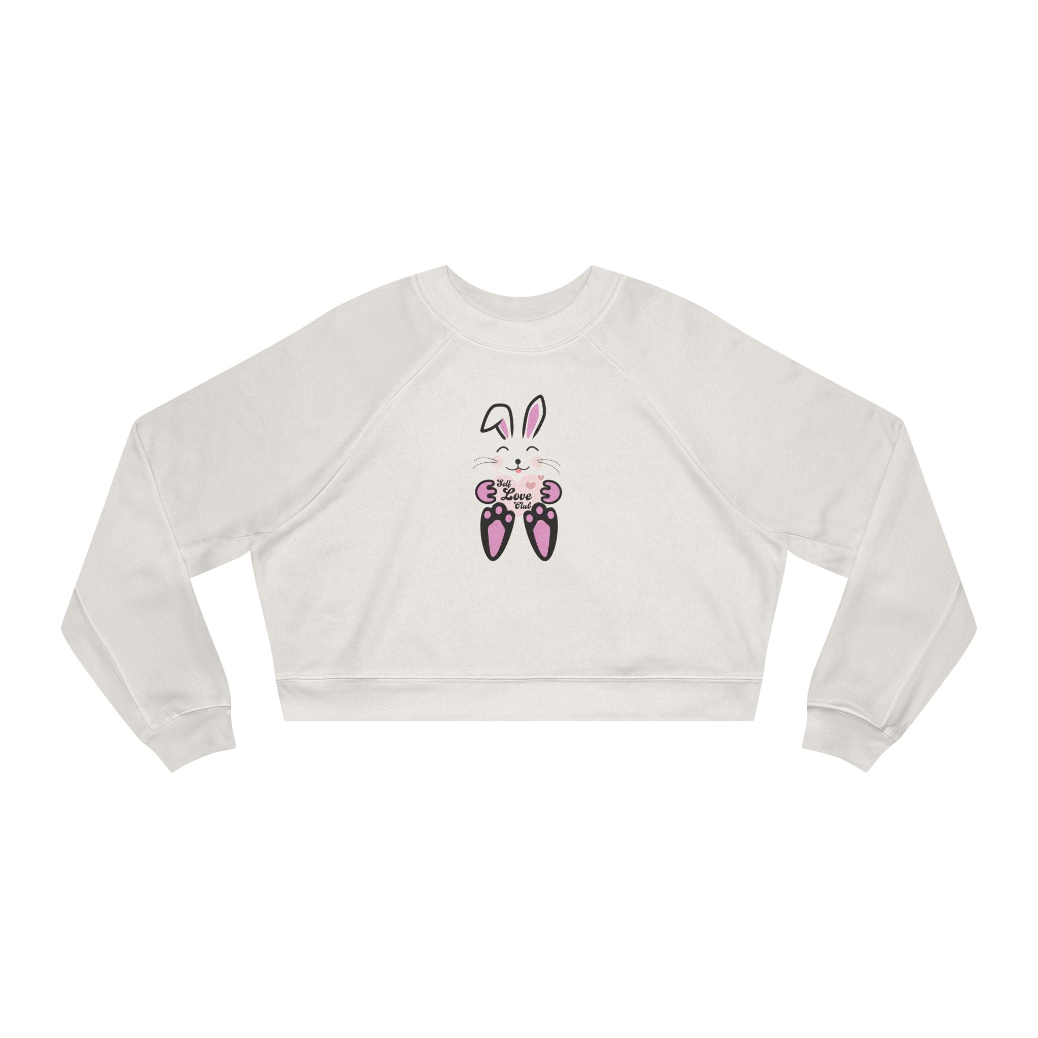 Kawaii Rabbit Face Fleece Pullover, Self Love Club Top, Cute Cropped Sweatshirt, Women's Fashion Jumper, Trendy Hoodie for Her