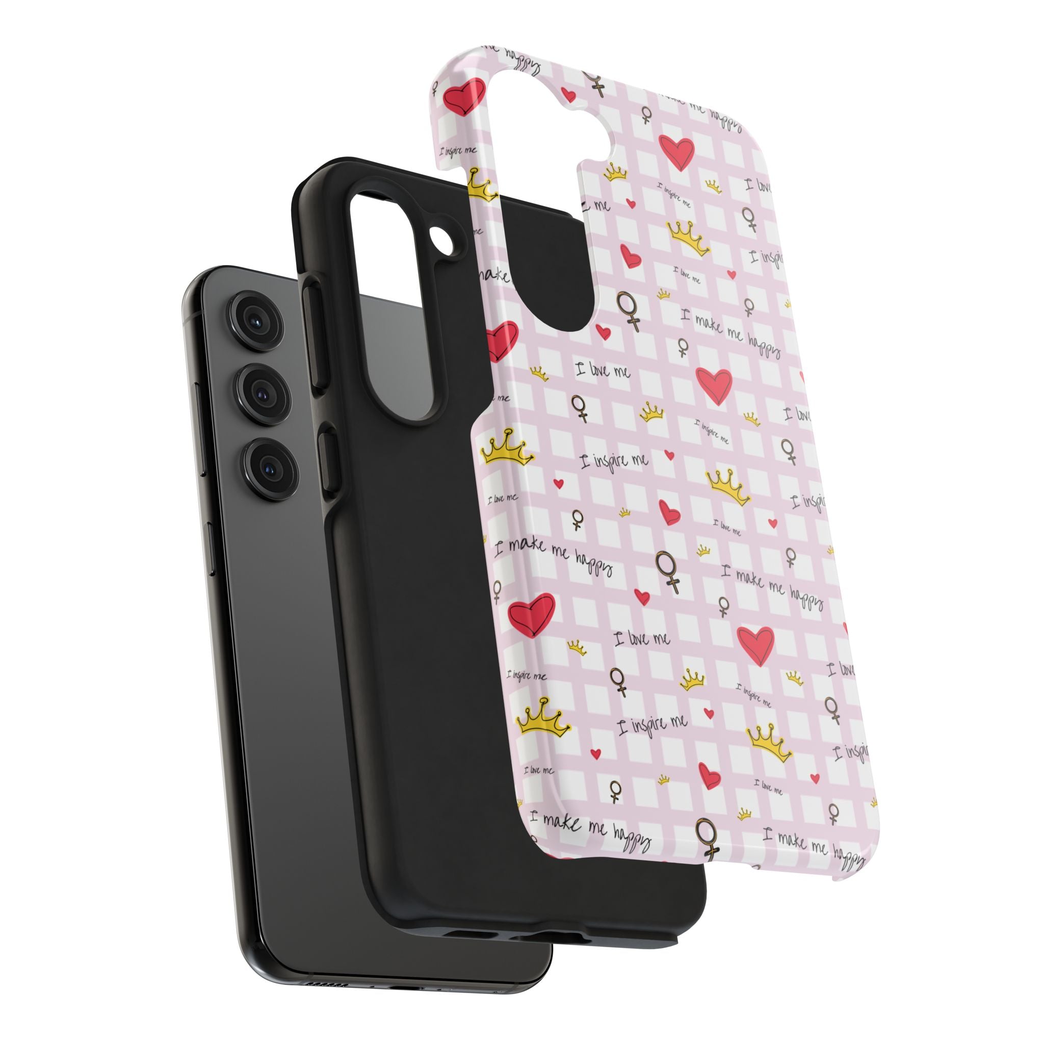 Cozy Hearts & Crowns Phone Case, Heart Design Protective Phone Cover, Crown Pattern Tough Case, Girly Phone Accessories, Valentine's Day