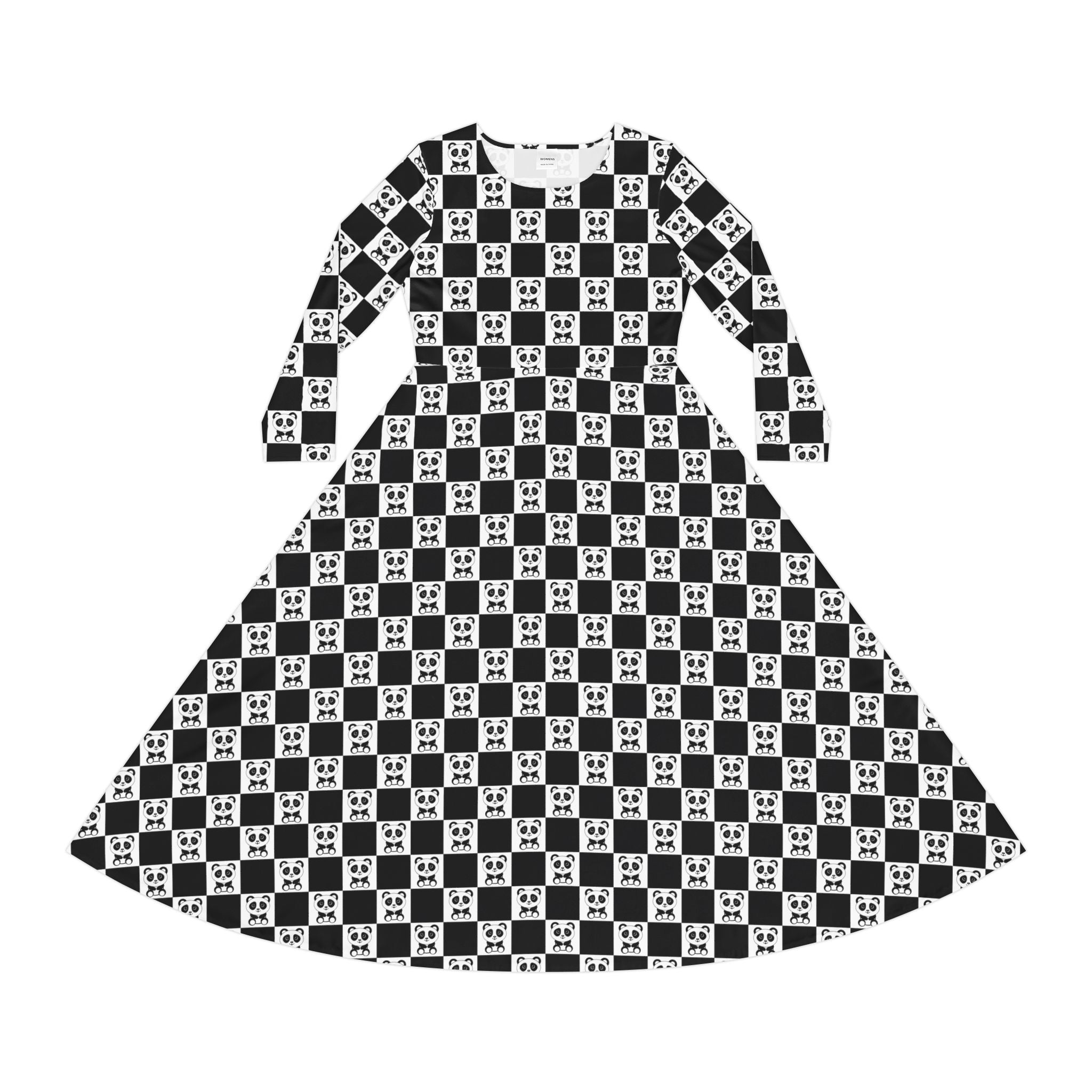 Pandas Chessboard Dance Dress, Women's Long Sleeve, Panda Lover Gift, Cute Animal Outfit, Black and White Costume, Fun Chessboard Design