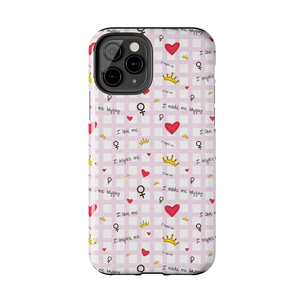 Cozy Hearts & Crowns Phone Case, Heart Design Protective Phone Cover, Crown Pattern Tough Case, Girly Phone Accessories, Valentine's Day