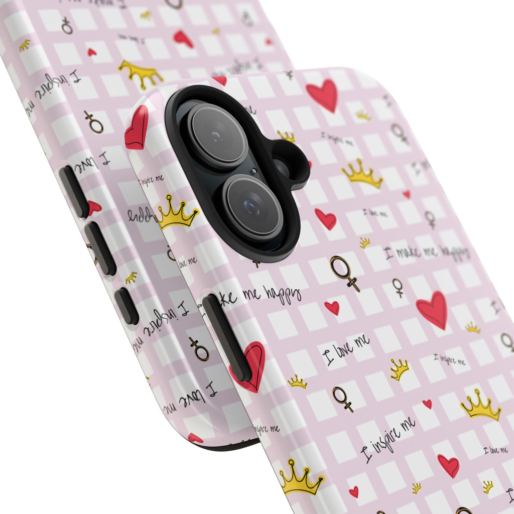 Cozy Hearts & Crowns Phone Case, Heart Design Protective Phone Cover, Crown Pattern Tough Case, Girly Phone Accessories, Valentine's Day