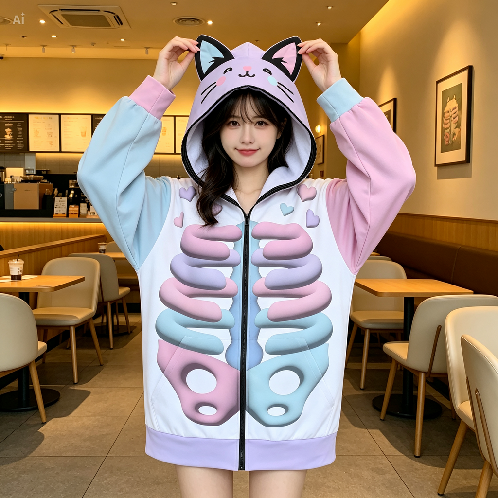 Kawaii Heaven Unisex Zip Up Hoodie with Cat Ears Pastel Skeleton Print