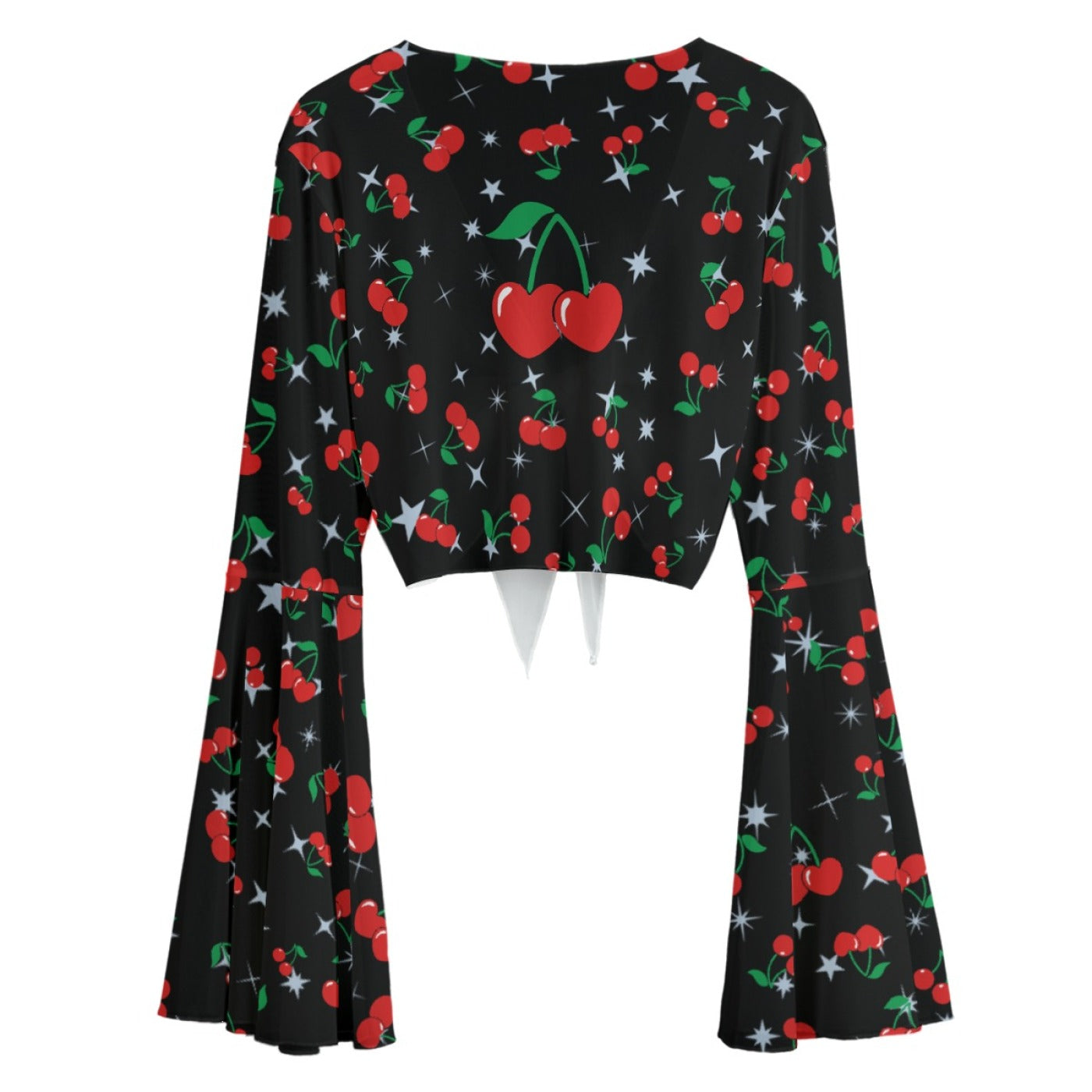 Cherry Print Mesh Tie Front Top – Sheer Bell Sleeve Blouse