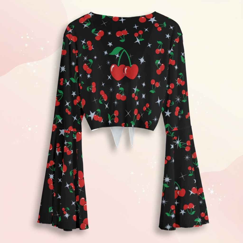 Cherry Print Mesh Tie Front Top – Sheer Bell Sleeve Blouse