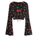 Cherry Print Mesh Tie Front Top – Sheer Bell Sleeve Blouse