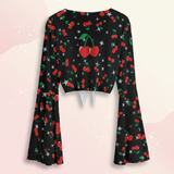 Cherry Print Mesh Tie Front Top – Sheer Bell Sleeve Blouse