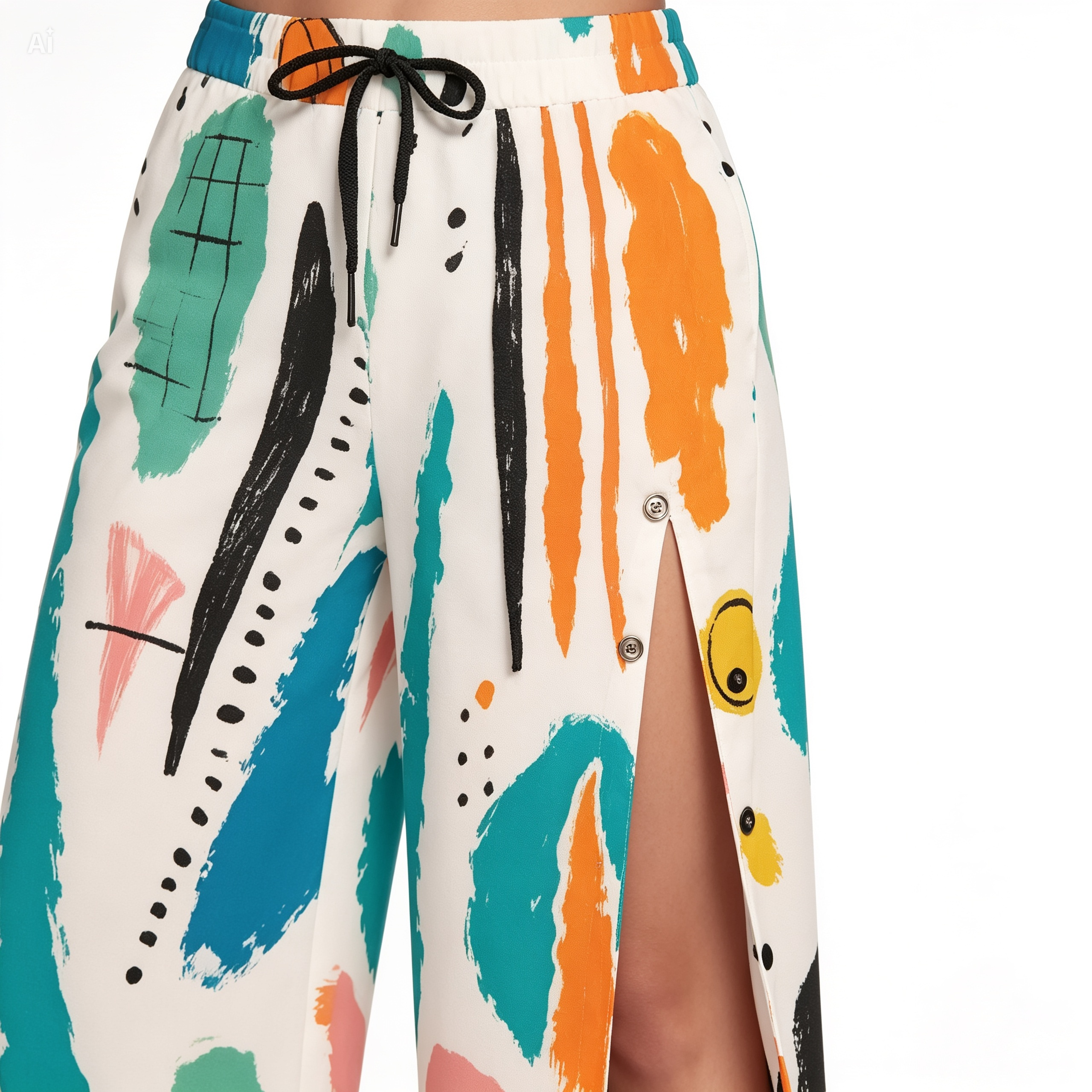 Abstract Side Slit Palazzo Pants – Colorful Wide Leg Snap Button Trousers
