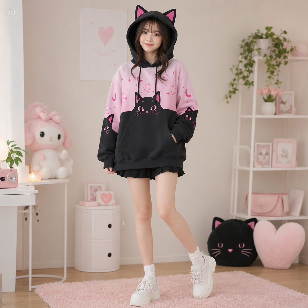 Pastel Pink Black Cat Ear Hoodie