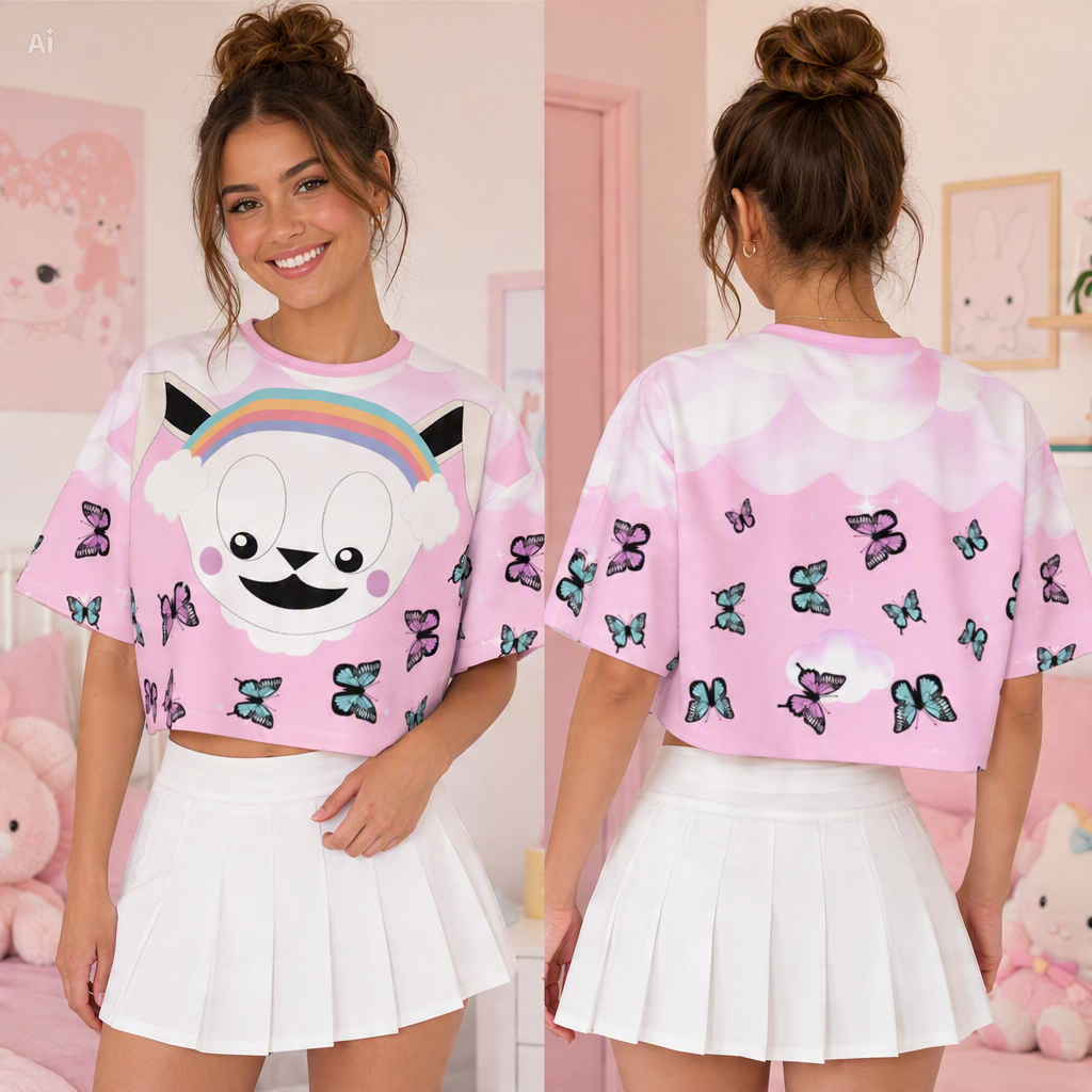 Pastel Rainbow Bunny Butterfly Crop Top | 190GSM Cotton