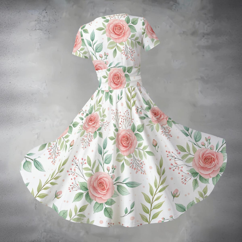 Elegant Rose Floral Midi Dress – Feminine V-Neck Summer Dress