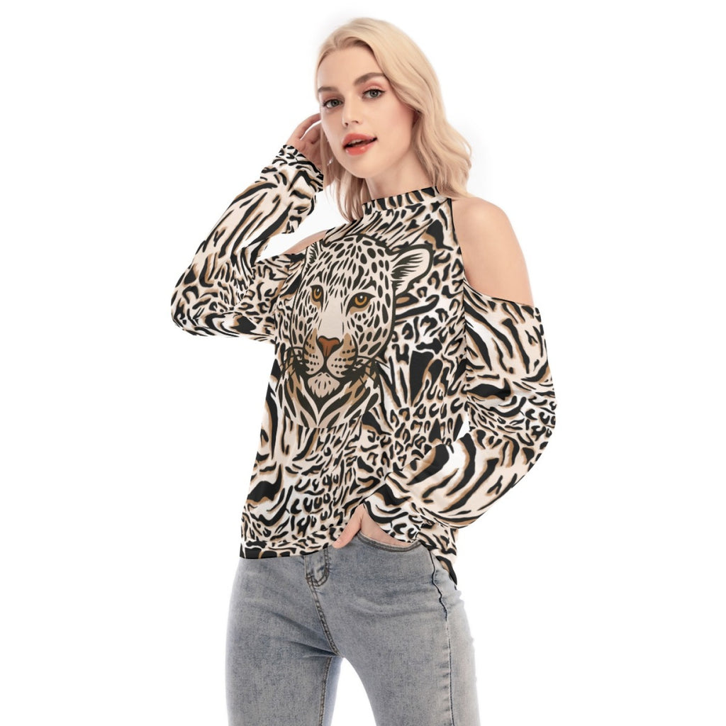 Leopard Cold Shoulder Sweatshirt – Animal Print High Neck Top for Women