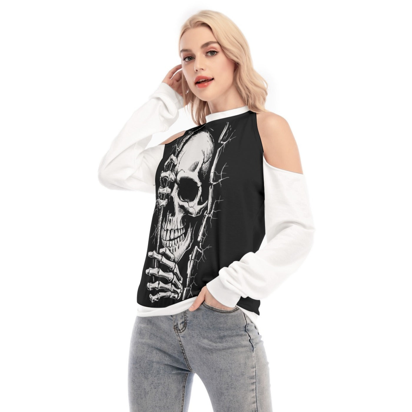 Women's Gothic Skull Cold Shoulder Sweatshirt – Cut-Out Long Sleeve Top