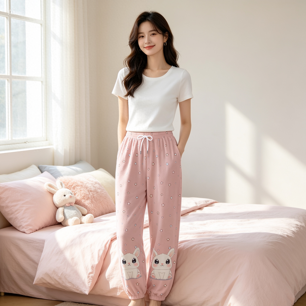 Kawaii Bunny Fleece Joggers – Cute Pink Star Lounge Pants